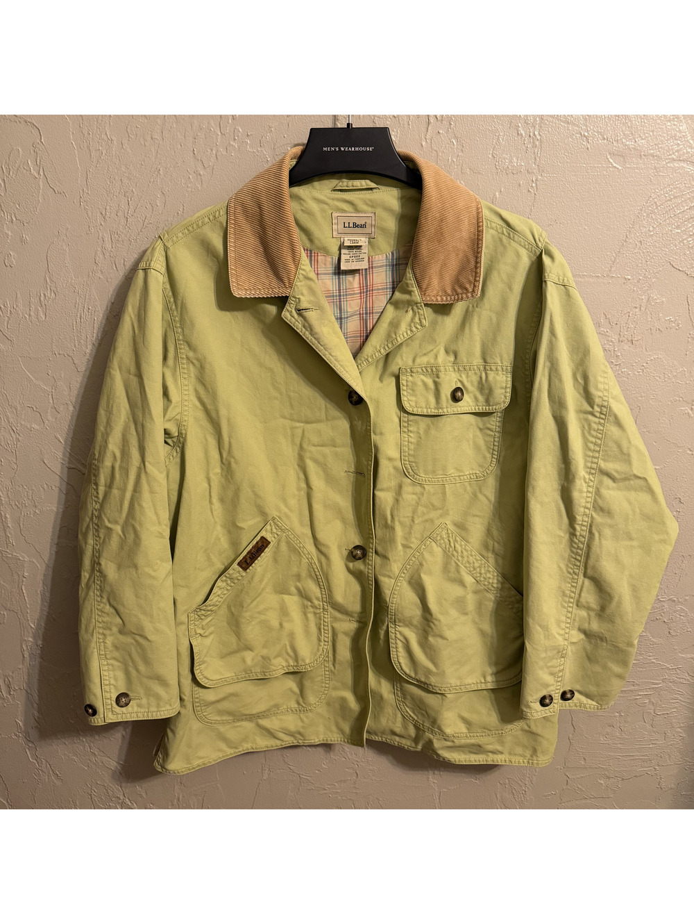 L.L. Bean Field Coat Barn Jacket W Petite L Green Corduroy Collar Plaid Lined